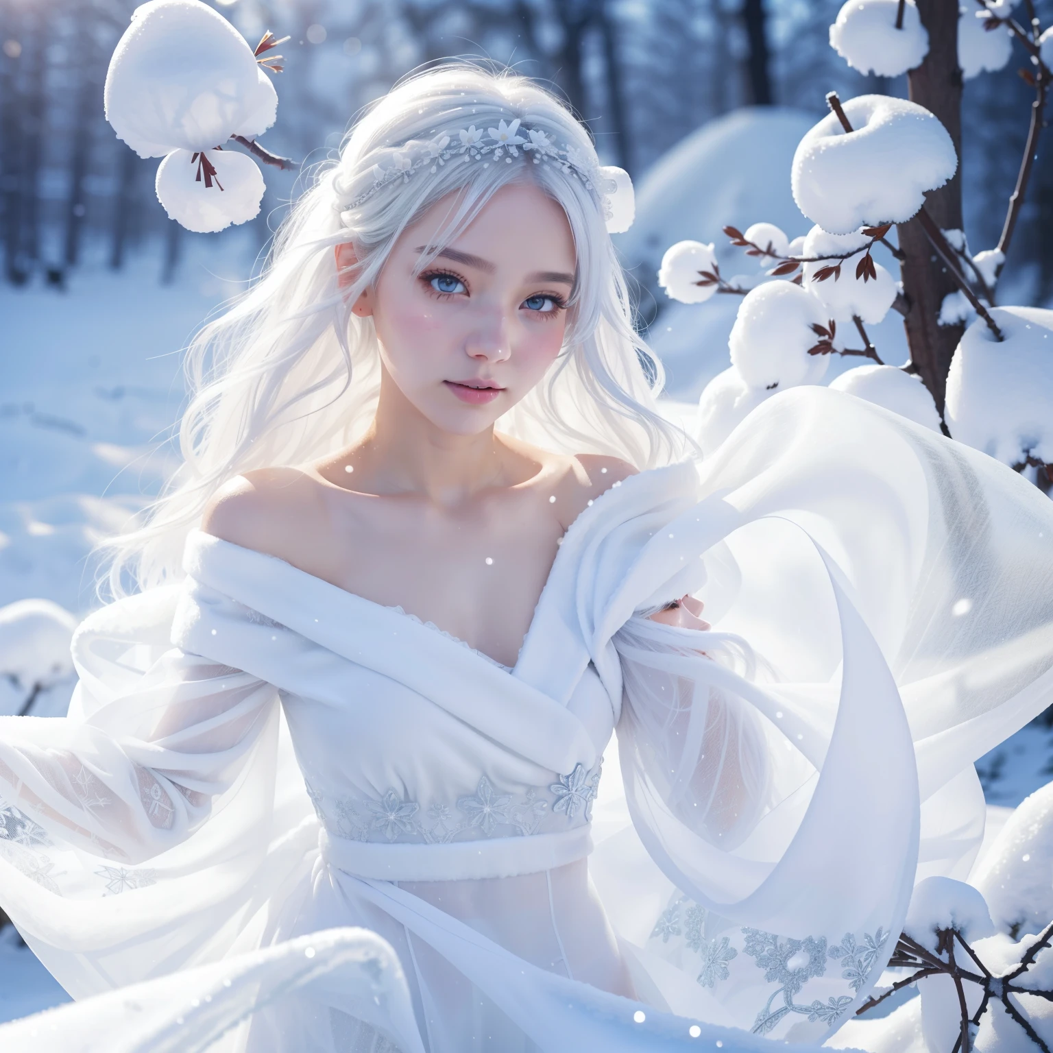 1girll,(Snow,Ice), snowflower, In winter, White hair, Shiny hair, Wavy hair, Transparent clothes, frilld, Lace, Wet clothes, Off_Shoulder, hair scrunchie,Masterpiece, Telephoto lens, absurderes, Exquisite facial features