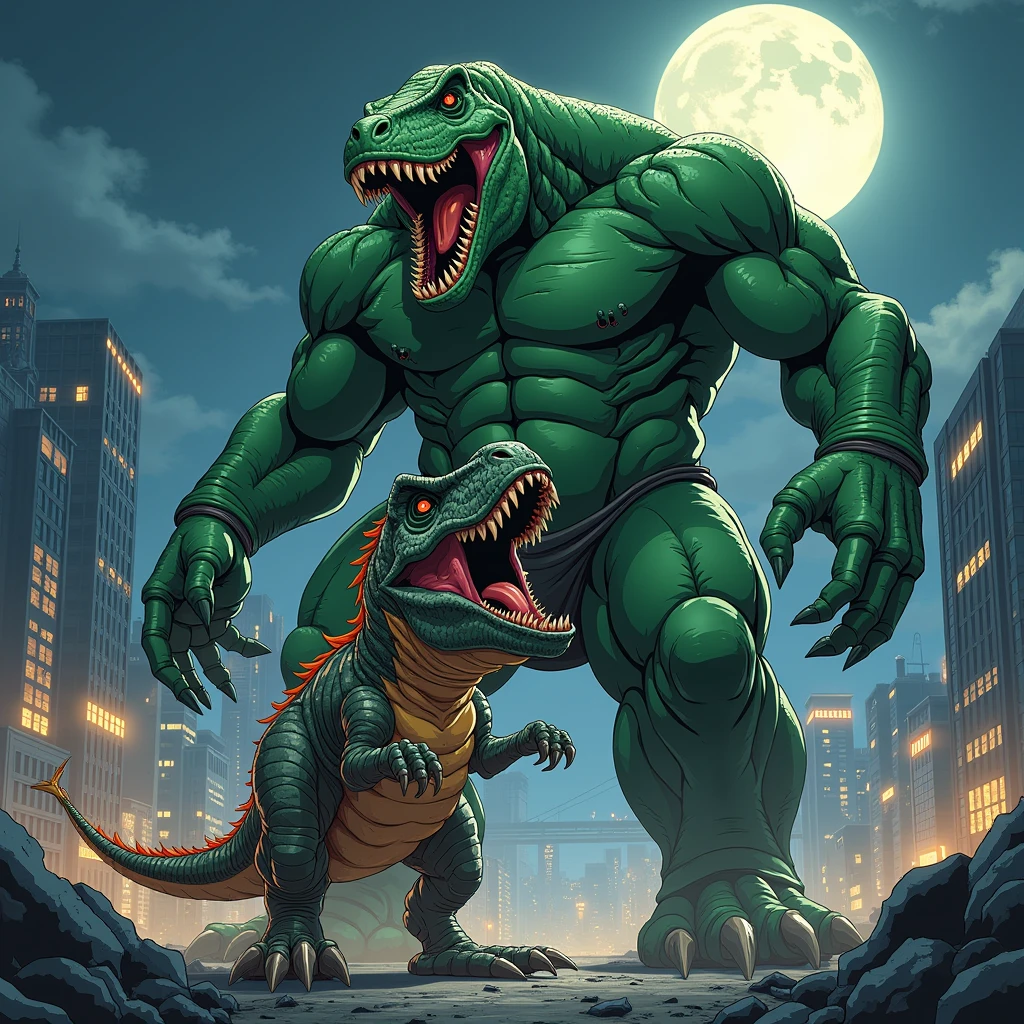male, Strong build, very thick build, ripping clothes off, forcefully removing clothes, hulking out of clothes, hyper erect penis, thick penis, copious amounts of cum 1.6, mighty roar, double bicep pose, pelvic thrusting, standing upright, (green skin: 1.1), whole body hair, ginger beard, overbite, thick sharp teeth, large thick lower canine teeth, thick pointy ears, (glowing eyes: 1.2), destroyed pants and shirt, rampage, impact, evil smile, thick arms, thick thighs, (large pecs: 1.4), muscular pecs, (bara pecs: 1.6), macro, landscape dwarfing, village destruction, building destruction, ruined village, village on fire,
