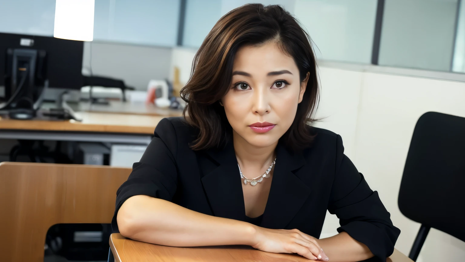 (( top quality, 8k, Masterpiece , Portraits: 1.3)), ( watching viewers), photorealistic, sharp concentration, Glare, beautiful Japanese office lady, Beige underwear, Large bust clothes, Age 35, wave hair, (( double eyelids , eyelash , lip gloss)), (Wrinkles at the corners of the eyes:0.6), (( office chair:2, stand on both knees)), (Loose waist:1), ( open legs:1.2), ( panties), (Public chair:1.5), ( open mouth:0.7), (anger:0.5), (( open mouth:1)), dark office room with no one else ,