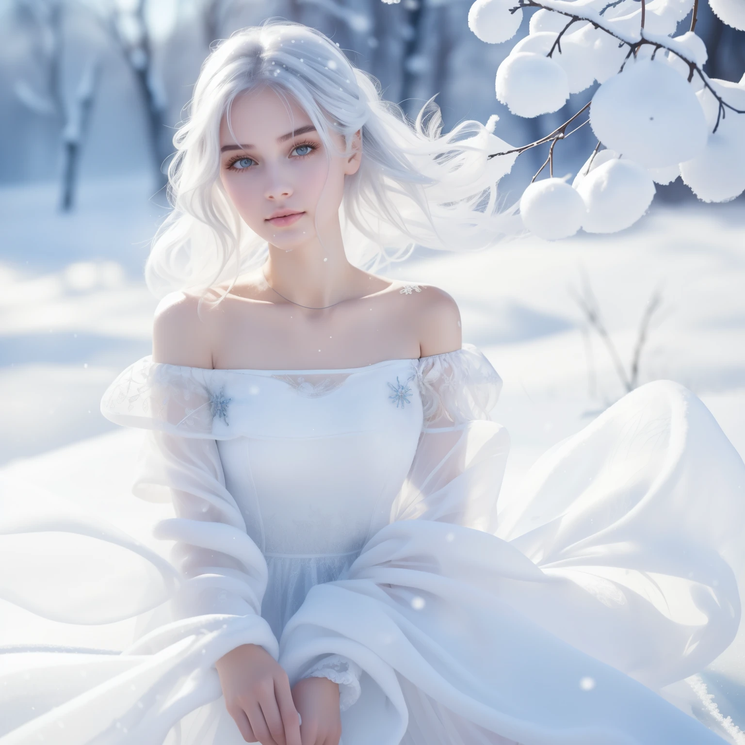 1girll,(Snow,Ice), snowflower, In winter, White hair, Shiny hair, Wavy hair, Transparent clothes, frilld, Lace, Wet clothes, Off_Shoulder, hair scrunchie,Masterpiece, Telephoto lens, absurderes, Exquisite facial features