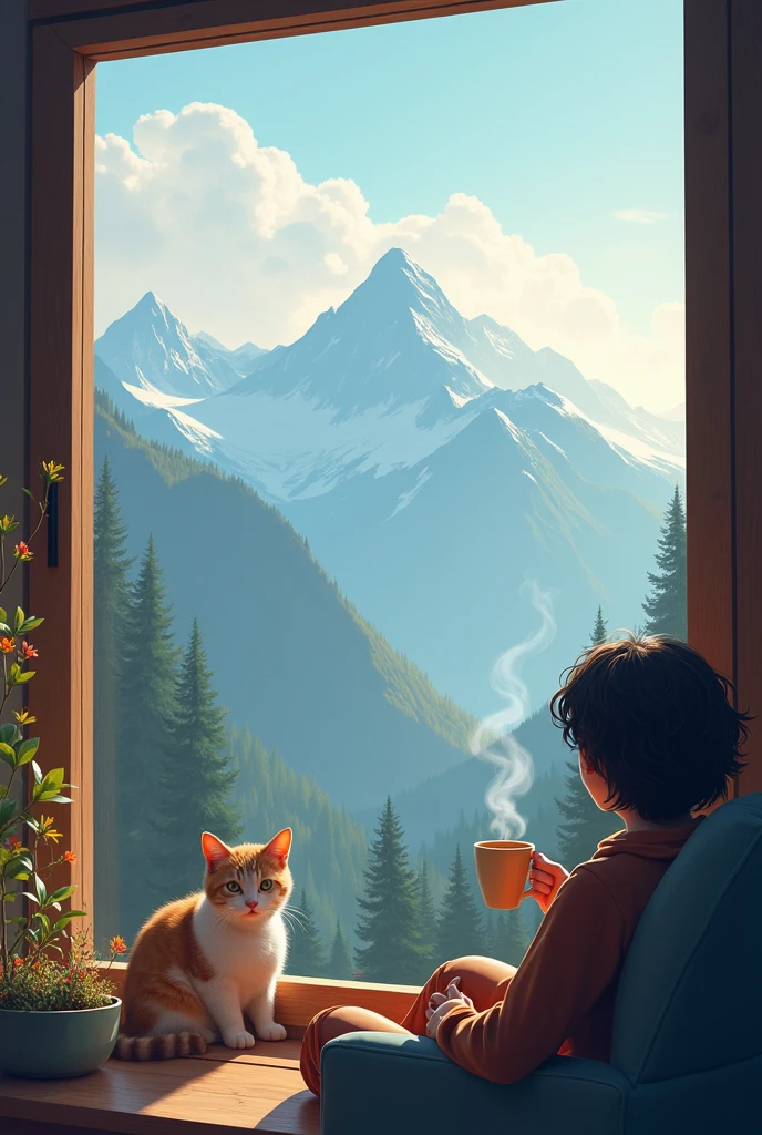 Highest quality, Boy drinking coffee, Perm, Brown Hair, Cafe, Window, Analog Color Theme, Beautiful Face, 90s vibe, Lo-Fi, The subject is clear, Light blue and yellow, review, flat, 2.5D ,Line art, Digital ink drawing, Large slope, watercolor, Studio Ghibli Style, Amazing colors, Out turn,