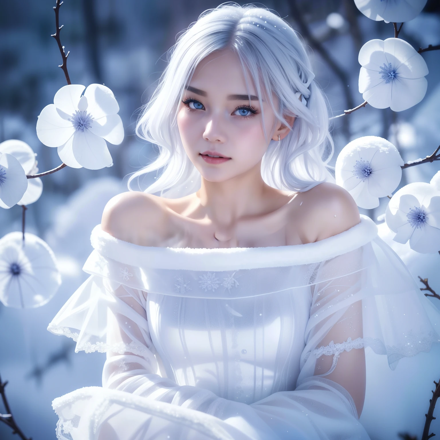 1girll,(Snow,Ice), snowflower, In winter, White hair, Shiny hair, Wavy hair, Transparent clothes, frilld, Lace, Wet clothes, Off_Shoulder, hair scrunchie,Masterpiece, Telephoto lens, absurderes, Exquisite facial features