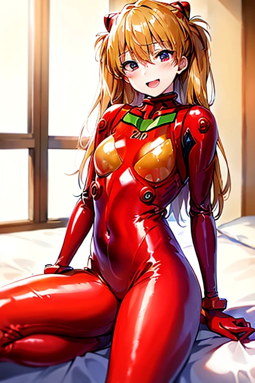 (( top quality)), ((masterpiece)), (be familiar with),  perfect face, indoor, bedroom,  watching viewers ,
One woman,  Soryu Asuka Langley,
 open mouth,  with an ecstatic expression , blush, smile,
 small tits,  flat chested, Young girl, Lori,  s,  girl,
 long hair,  twin tails,
Leg spread,