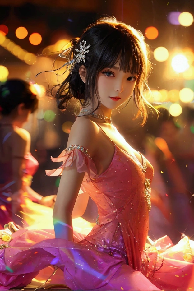 best quality, 8k, highly detailed face and skin texture, high resolution, sexy japanese girl in colorfull dress stand in front of merry go round at night, under the light, full body, sharp focus