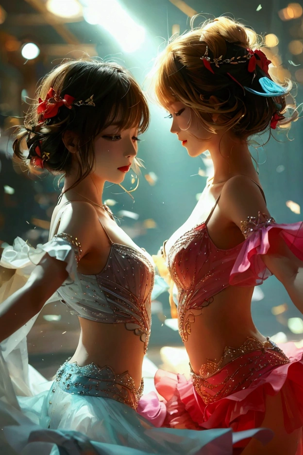 SFW, ExtremelyDetailed (((Kawaii Ballet Girls Group in a row:1.37))), Childish perfect face, Reflective Eyes, Detailed(Delicate Clothing textures), corrected hand, Dynamic Joyful Expressions LifeLike Rendering, (Specular Reflection:0.2), TopQuality 8K Ultra-detailed masterpiece (ProfessionalPhoto:1.37), (Acutance:0.8), (Luminism:1.28), ( Colorful Light particles:0.75), (Muscle:-0.5), facing away (from side ) (Clearly visible Beautiful hip shape)