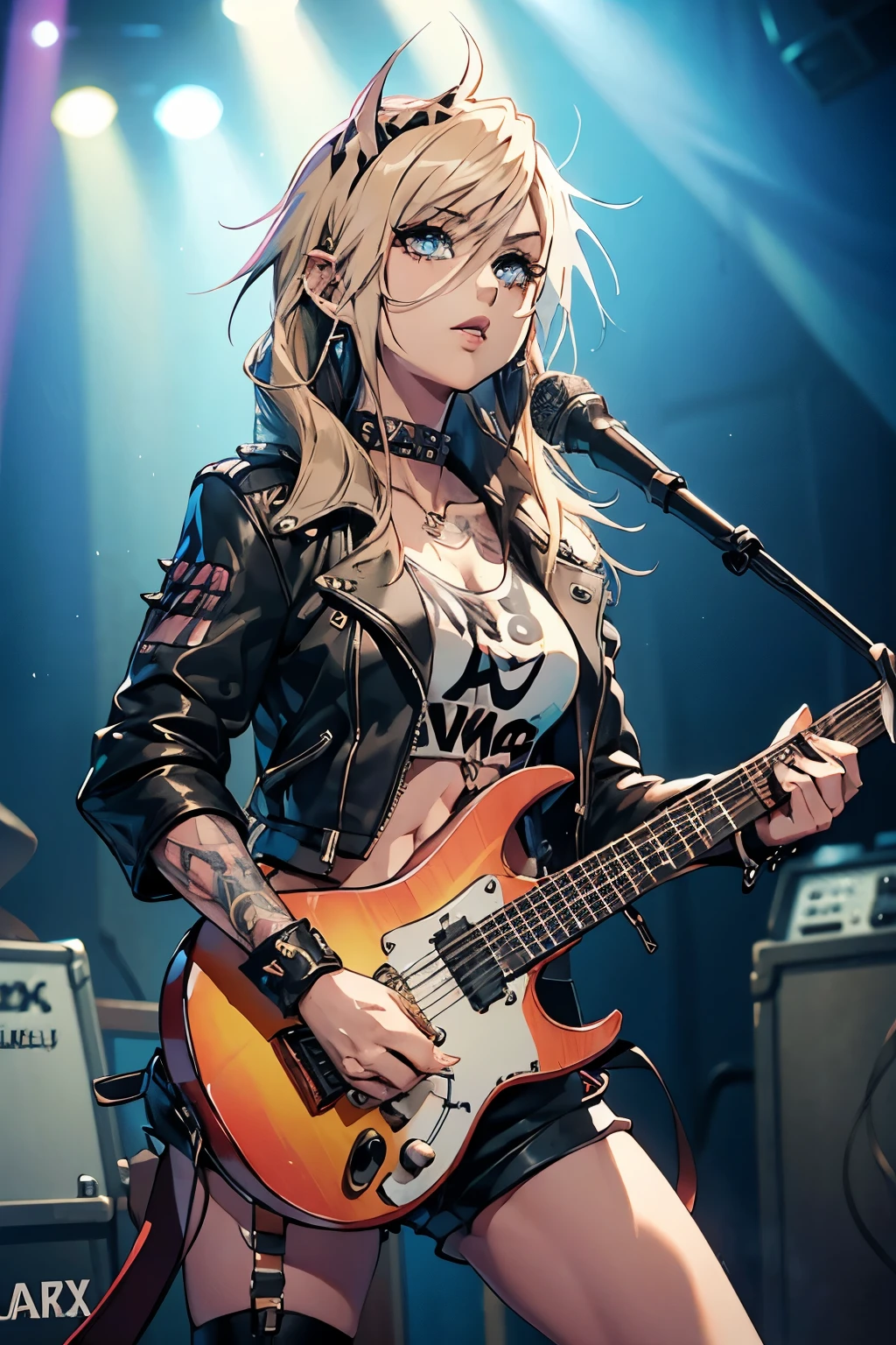 realistic:1.2, Rocker girl wearing a leather jacket,slim body shape、Normal bust size、 highly realistic photograph, fullbody、, １two electric guitars, clothes with spikes,white tank top、Navel exposed、leather shorts、tattoo,earrings dark lipstick, blue eyes,spiky blonde and partially shaved hair, beautiful and perfect legs, confident look, punk style ,dynamic pose, dynamic lighting, Bright colors, ant alexa 65, 50MM lens