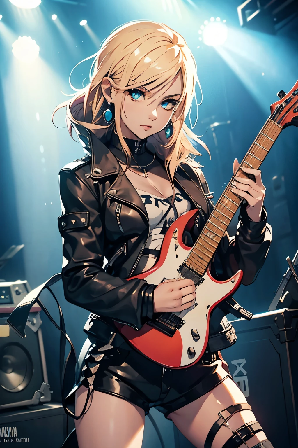 realistic:1.2, Rocker girl wearing a leather jacket,slim body shape、Normal bust size、 highly realistic photograph, fullbody、, １two electric guitars, clothes with spikes,white tank top、Navel exposed、leather shorts、tattoo,earrings dark lipstick, blue eyes,spiky blonde and partially shaved hair, beautiful and perfect legs, confident look, punk style ,dynamic pose, dynamic lighting, Bright colors, ant alexa 65, 50MM lens