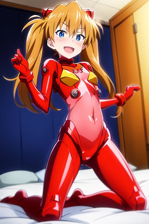 (( top quality)), ((masterpiece)), (be familiar with),  perfect face, indoor, bedroom,  watching viewers ,
One woman,  Soryu Asuka Langley,
 open mouth,  with an ecstatic expression , blush, smile,
 small tits,  flat chested, Young girl, Lori,  s,  girl,
 long hair,  twin tails,
Leg spread,