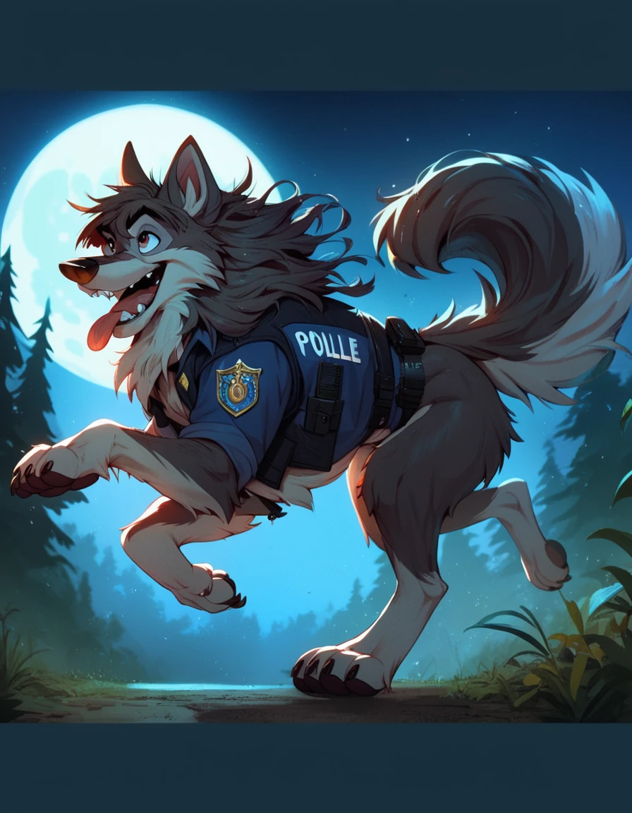 Score_9, Score_8_up, Score_7_up, Score_6_up, Score_5_up, Score_4_up,  an_adult_very_long_haired_wolf_wearing a_black police_vest_running _on_all_fours, barking in_the_forest, Anthro_furry, night_time, full_moon, disney_art_style, balto_character_style, 2d_art, tongue_out