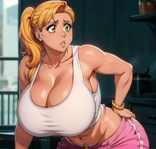 Orihime Inoue,Bleach artstyle,Big breast,Enchanted big breast,Thick lips,((((tanktop and thin lowrise pink pants)))),Cleavage,Curvy figure,Plump,Hoopa bracelet,Long nail,Side burn visible,look at viewer,(((bright yellow blond color hair))),((head facing front)),High quality,Highres,Humongous big breast,visible ear,Big cleavage,light blush,((blue Stud earring)),((A lot of piercing)),((black Chocker)),Hyper Detail,((dark colored Skin)),((tanned Gyaru)),Crossing arm,Messy hair,Detailed lips,Colorless lips,unbuttoned plain white shirt,cleavage,mono color hair,((long wavy curly hair)),((Solo)),((1girl)),light blush,(((slicked back hair))),flirty,Enchanted big breast,((Side swept hair)),ease eyebrow,Detailed eyes,Swaying hips,no sweatcalm expression,bored expression,Ease up eyebrow,Flirty attitude,Acting cute,hand in hip,symetrical bang hair,Body facing front,Gaze on front,((blunt Hime cut bang hair))