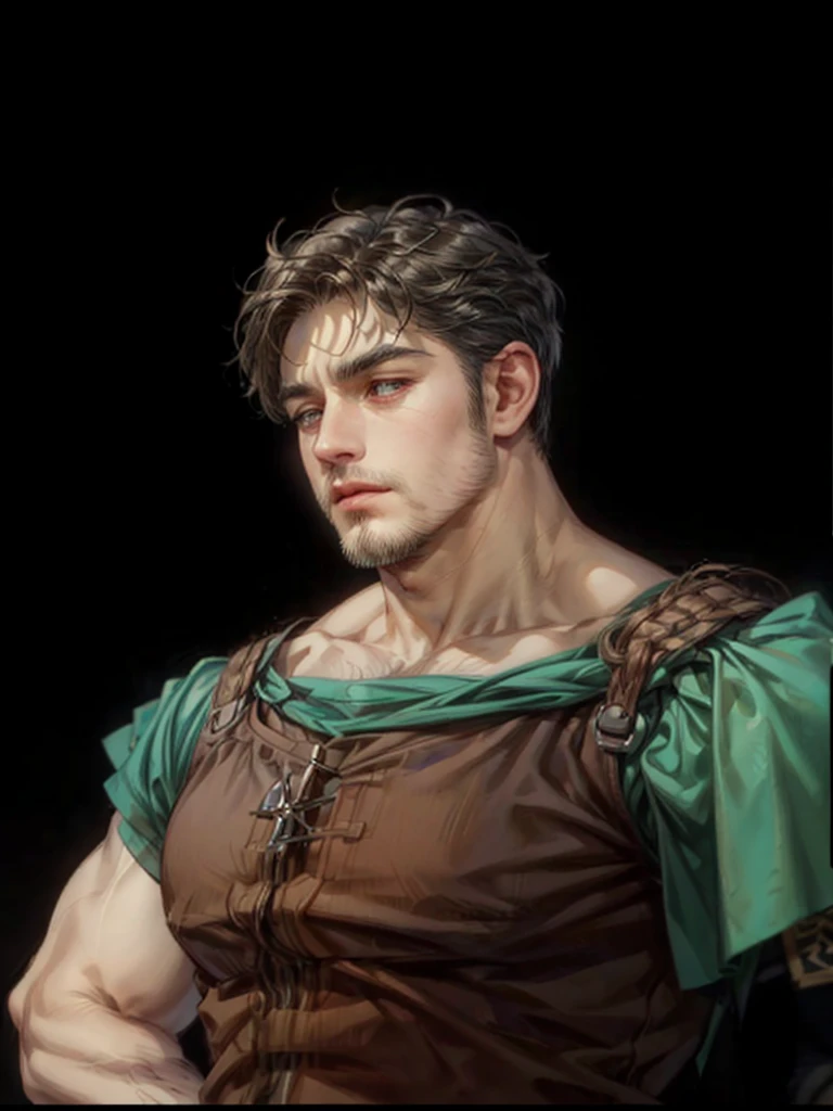 masterpiece, best quality, realistic, 18-years-old man, strong man, very short hair, dark red hair, dramatic light, 8k, determined look, portrait, extremely detailed face, Intricate details, highly detailed, Sharp focus, a digital rendering, professional, 4K, art stations, Art germ, fantasy, full body, jungle background