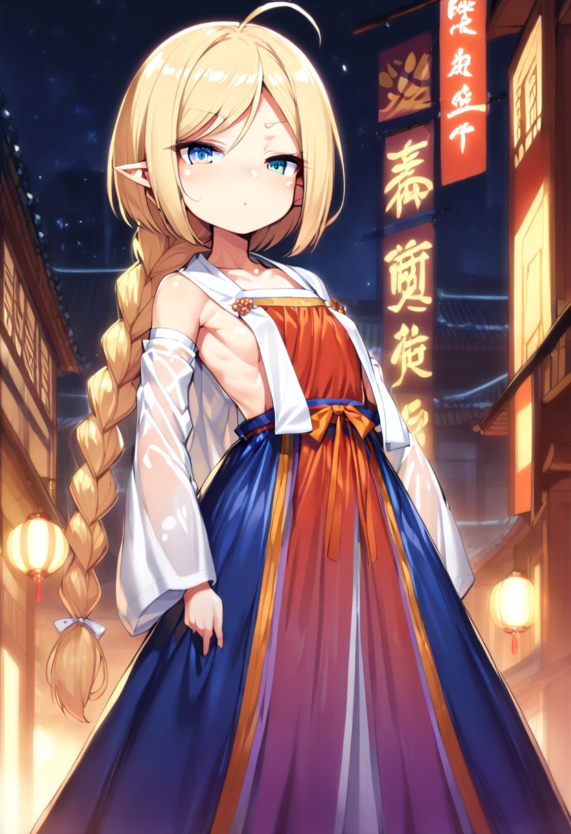 (1girl, solo:1.4), (tomboy, loli:1.2), (tsurime, slant eyes, sapphire eye:1.2), (pointy ears:1.4), (blonde hair, wavy bob cut, huge single antenna hair, very long sideburns, very long braid ponytai:1.4), (delicious flat chest, small breast:1.4), (gleaming skin, shiny skin:1.4), (hanfu, breast curtain, side boob, sheer:1.4), (high heels:1.4), (cowboy shot:1.4), (chinese downtown:1.4), (midnight:1.4),