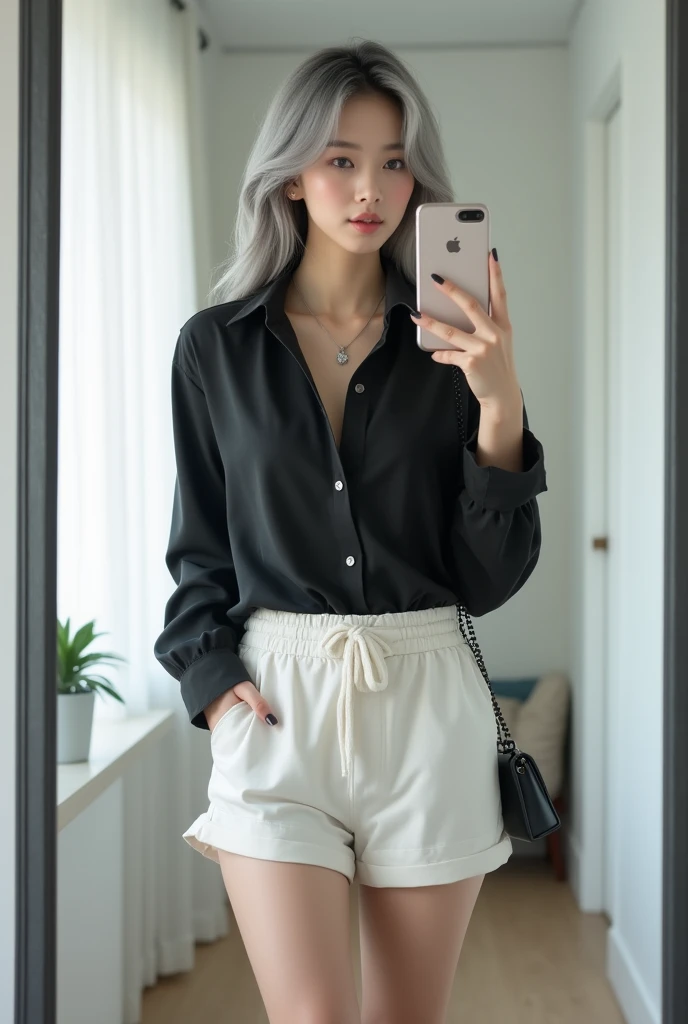 dynamic pose,sitting,1girl,pale skin,delicate face,pink long messy hair,green eyes,freckles,(baggy black linen shirt:1.3,loose shorts:1.3),(small waist,wide thigh gap:1.3,wide thighs:1.3),(best quality:1.2,ultra-detailed,realistic:1.37),portrait,soft colors,polished lighting