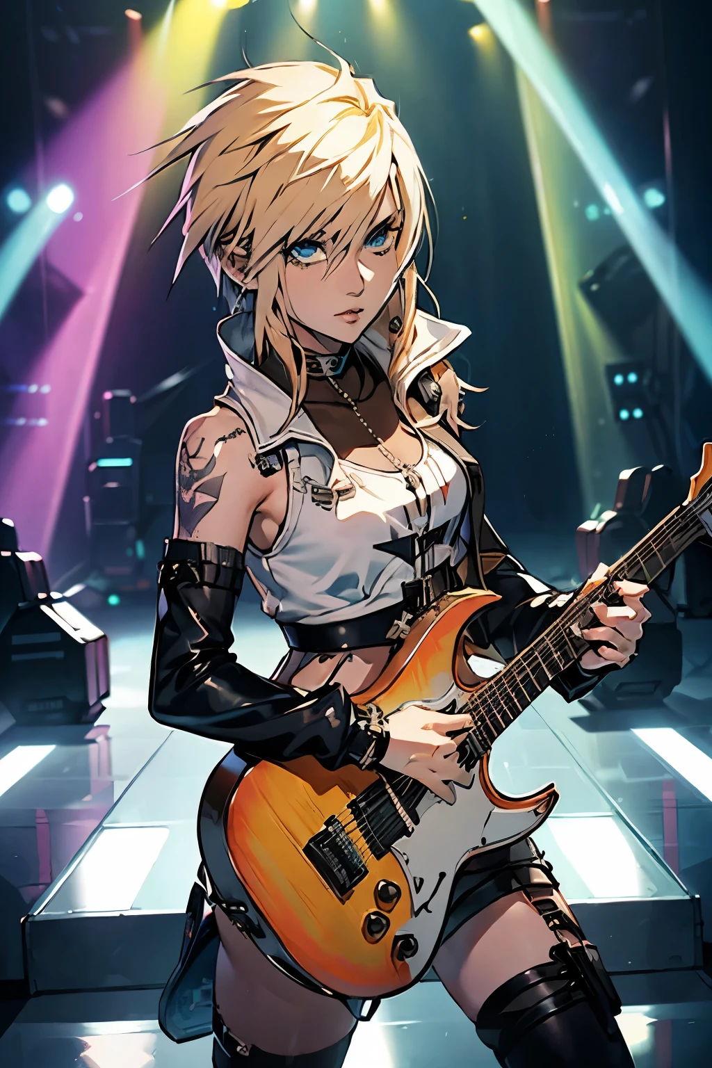 realistic:1.2, Rocker girl wearing a leather jacket,slim body shape、Normal bust size、 highly realistic photograph, fullbody、, １two electric guitars, clothes with spikes,white tank top、Navel exposed、leather shorts、tattoo,earrings dark lipstick, blue eyes,spiky blonde and partially shaved hair, beautiful and perfect legs, confident look, punk style ,dynamic pose, dynamic lighting, Bright colors, ant alexa 65, 50MM lens