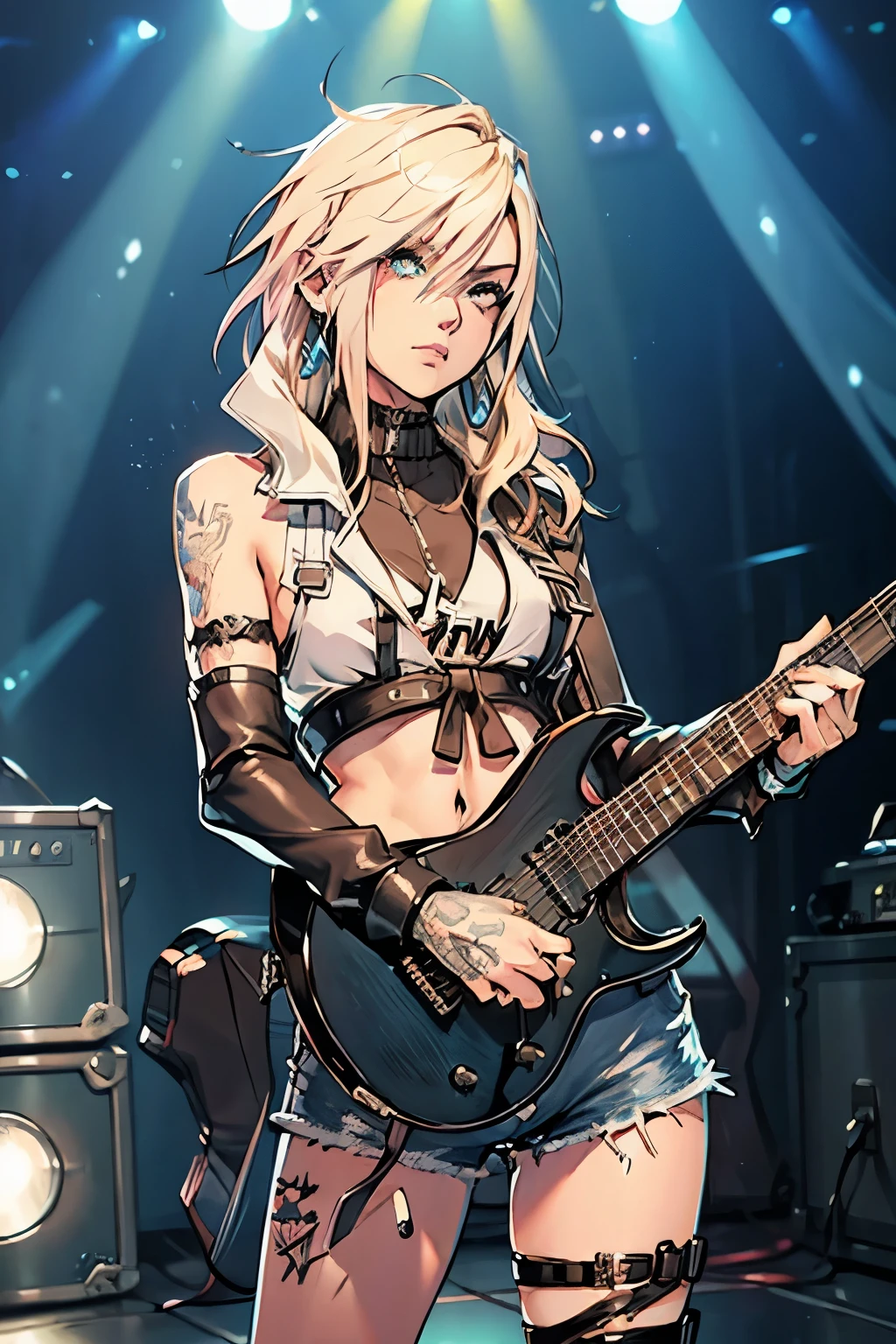 realistic:1.2, Rocker girl wearing a leather jacket,slim body shape、Normal bust size、 highly realistic photograph, fullbody、, １two electric guitars, clothes with spikes,white tank top、Navel exposed、leather shorts、tattoo,earrings dark lipstick, blue eyes,spiky blonde and partially shaved hair, beautiful and perfect legs, confident look, punk style ,dynamic pose, dynamic lighting, Bright colors, ant alexa 65, 50MM lens