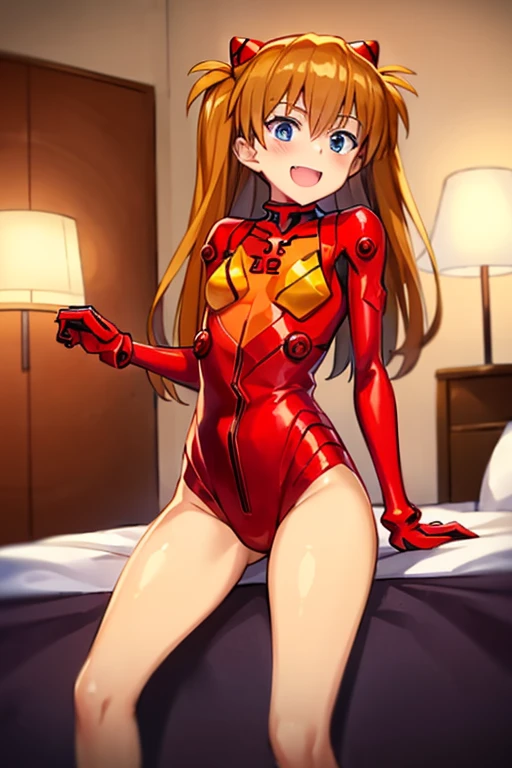 (( top quality)), ((masterpiece)), (be familiar with),  perfect face, indoor, bedroom,  watching viewers ,
One woman,  Soryu Asuka Langley,
 open mouth,  with an ecstatic expression , blush, smile,
 small tits,  flat chested, Young girl, Lori,  s,  girl,
 long hair,  twin tails,
Leg spread,