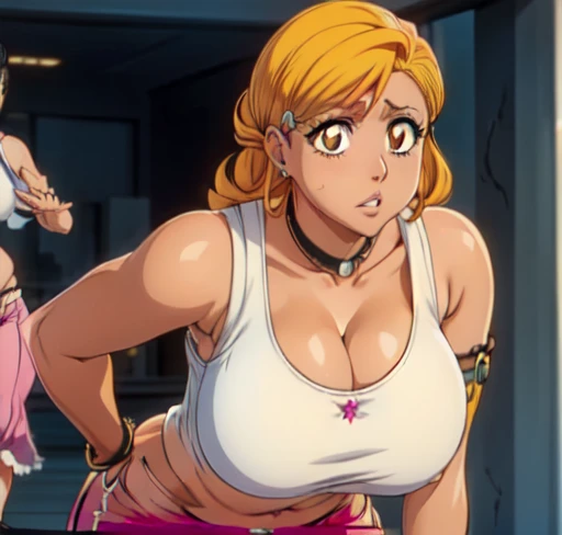 Orihime Inoue,Bleach artstyle,Big breast,Enchanted big breast,Thick lips,((((tanktop and thin lowrise pink pants)))),Cleavage,Curvy figure,Plump,Hoopa bracelet,Long nail,Side burn visible,look at viewer,(((bright yellow blond color hair))),((head facing front)),High quality,Highres,Humongous big breast,visible ear,Big cleavage,light blush,((blue Stud earring)),((A lot of piercing)),((black Chocker)),Hyper Detail,((dark colored Skin)),((tanned Gyaru)),Crossing arm,Messy hair,Detailed lips,Colorless lips,unbuttoned plain white shirt,cleavage,mono color hair,((long wavy curly hair)),((Solo)),((1girl)),light blush,(((slicked back hair))),flirty,Enchanted big breast,((Side swept hair)),ease eyebrow,Detailed eyes,Swaying hips,no sweatcalm expression,bored expression,Ease up eyebrow,Flirty attitude,Acting cute,hand in hip,symetrical bang hair,Body facing front,Gaze on front,((blunt Hime cut bang hair))