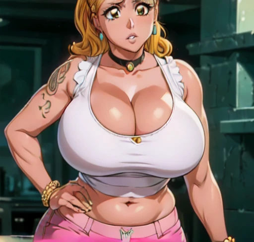 Orihime Inoue,Bleach artstyle,Big breast,Enchanted big breast,Thick lips,((((tanktop and thin lowrise pink pants)))),Cleavage,Curvy figure,Plump,Hoopa bracelet,Long nail,Side burn visible,look at viewer,(((bright yellow blond color hair))),((head facing front)),High quality,Highres,Humongous big breast,visible ear,Big cleavage,light blush,((blue Stud earring)),((A lot of piercing)),((black Chocker)),Hyper Detail,((dark colored Skin)),((tanned Gyaru)),Crossing arm,Messy hair,Detailed lips,Colorless lips,unbuttoned plain white shirt,cleavage,mono color hair,((long wavy curly hair)),((Solo)),((1girl)),light blush,(((slicked back hair))),flirty,Enchanted big breast,((Side swept hair)),ease eyebrow,Detailed eyes,Swaying hips,no sweatcalm expression,bored expression,Ease up eyebrow,Flirty attitude,Acting cute,hand in hip,symetrical bang hair,Body facing front,Gaze on front,((blunt Hime cut bang hair))