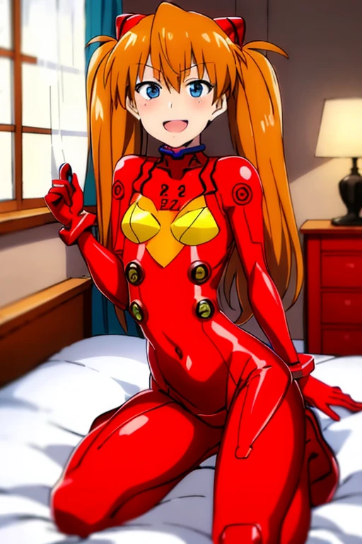 (( top quality)), ((masterpiece)), (be familiar with),  perfect face, indoor, bedroom,  watching viewers ,
One woman,  Soryu Asuka Langley,
 open mouth,  with an ecstatic expression , blush, smile,
 small tits,  flat chested, Young girl, Lori,  s,  girl,
 long hair,  twin tails,
Leg spread,