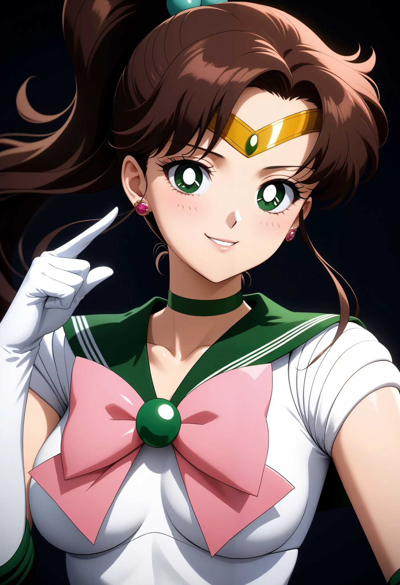 center (masterpiece, best quality, very aesthetic, ultra detailed), intriguing details, 4K, sexy smile, aajupiter, long hair, ponytail, hair bobbles, tiara, earrings, green eyes, green choker, green sailor collar, pink bowtie, white shirt, white leotard, elbow gloves, white gloves, pink bow, black night, simple background, shushing, close up, portraid