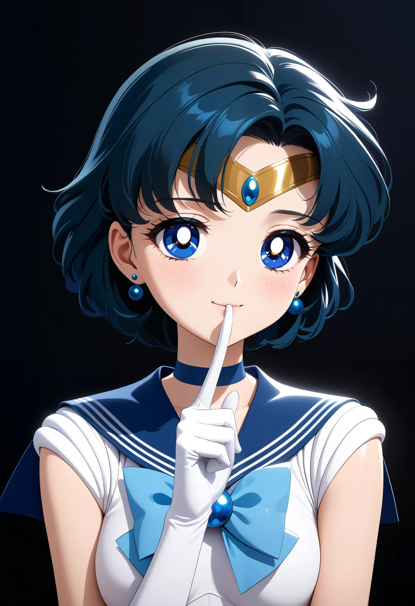 center (masterpiece, best quality, very aesthetic, ultra detailed), intriguing details, 4K, sexy smile, small breasts, aamercury, short hair, blue hair, tiara, earrings, blue eyes, blue choker, blue sailor collar, blue bowtie, white shirt, elbow gloves, white gloves, black night, simple background, shushing, close up, portraid