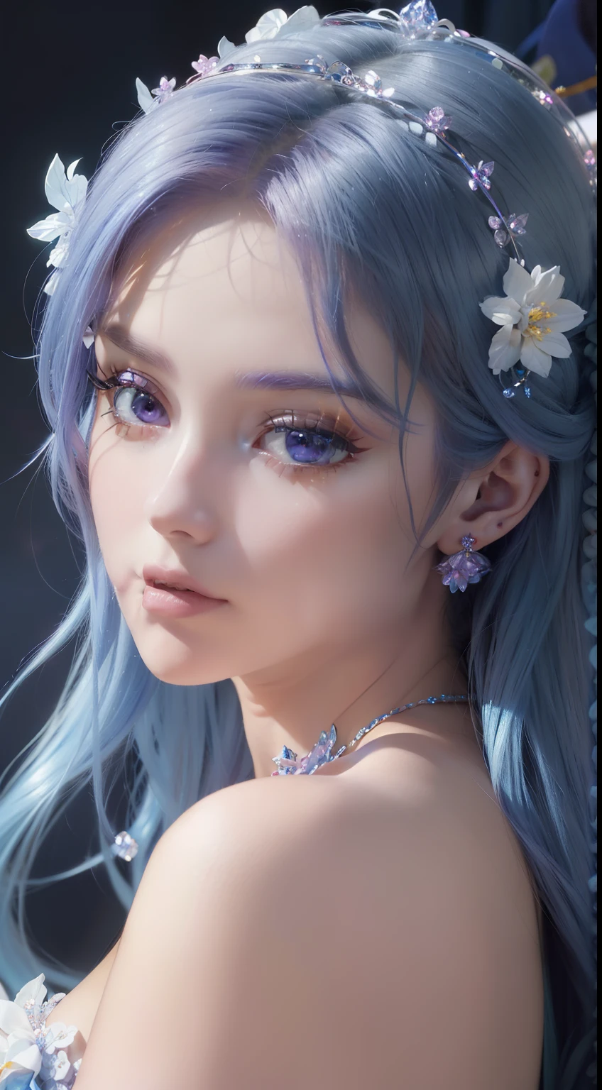 tmasterpiece，Highest high resolution，((magic orb))，Dynamic bust of a beautiful aristocratic maiden，Blue hair is gracefully curled，（(Wearing a crown of huge flowers))，Purple clear eyes，(((Hair is covered with beautiful and delicate floral craftsmanship, Crystal Jewelry Filigree)))，Ultra-detailed details，upscaled，The Earth Rises。