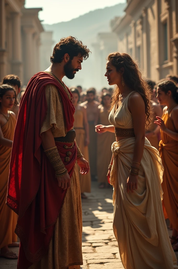 a greek beautiful goddess talking and bribing to a young greek Shepherd with beard with a little masculine body standing in a wedding background renaissance , cinematic, no romantic angle