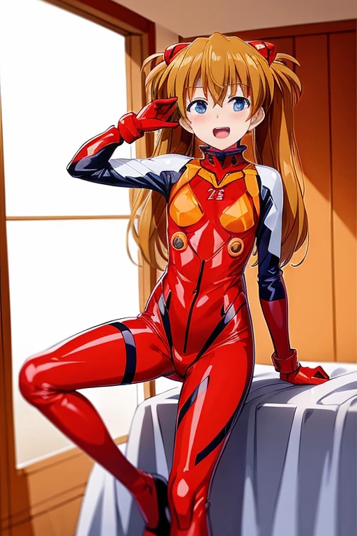 (( top quality)), ((masterpiece)), (be familiar with),  perfect face, indoor, bedroom,  watching viewers ,
One woman,  Soryu Asuka Langley,
 open mouth,  with an ecstatic expression , blush, smile,
 small tits,  flat chested, Young girl, Lori,  s,  girl,
 long hair,  twin tails,
Leg spread,