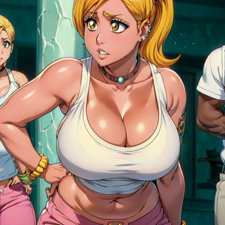 Orihime Inoue,Bleach artstyle,Big breast,Enchanted big breast,Thick lips,((((tanktop and thin lowrise pink pants)))),Cleavage,Curvy figure,Plump,Hoopa bracelet,Long nail,Side burn visible,look at viewer,(((bright yellow blond color hair))),((head facing front)),High quality,Highres,Humongous big breast,visible ear,Big cleavage,light blush,((blue Stud earring)),((A lot of piercing)),((black Chocker)),Hyper Detail,((dark colored Skin)),((tanned Gyaru)),Crossing arm,Messy hair,Detailed lips,Colorless lips,unbuttoned plain white shirt,cleavage,mono color hair,((long wavy curly hair)),((Solo)),((1girl)),light blush,(((slicked back hair))),flirty,Enchanted big breast,((Side swept hair)),ease eyebrow,Detailed eyes,Swaying hips,no sweatcalm expression,bored expression,Ease up eyebrow,Flirty attitude,Acting cute,hand in hip,symetrical bang hair,Body facing front,Gaze on front,((blunt Hime cut bang hair))