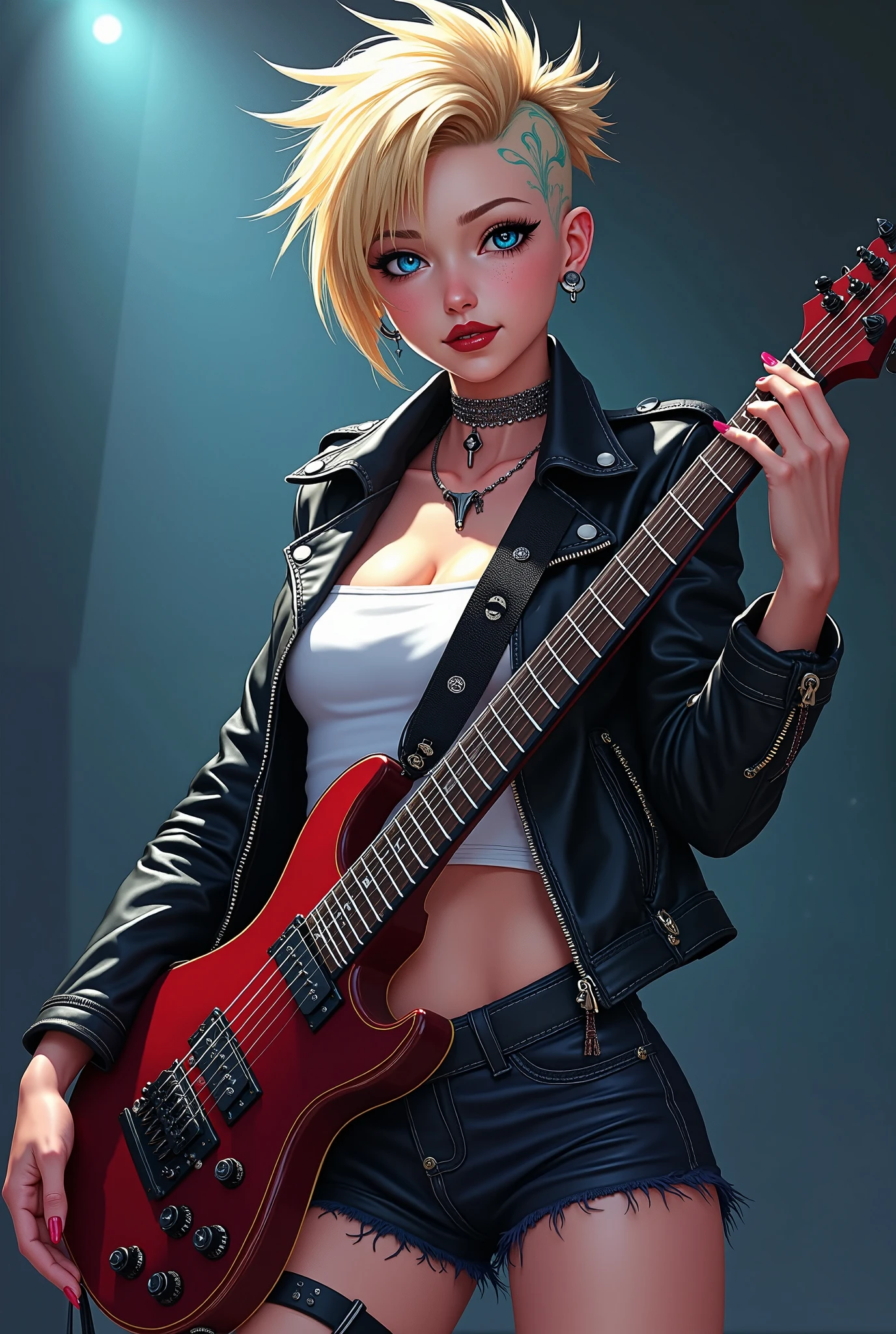 High quality picture, masterpiece, 8k, blond bobbed hair, short punk long shirt, wearing a skirt with punk design,, looking frontal and provocative, big blue eyes, colourful make-up, sophisticated description, holding guitar,, rock-style room