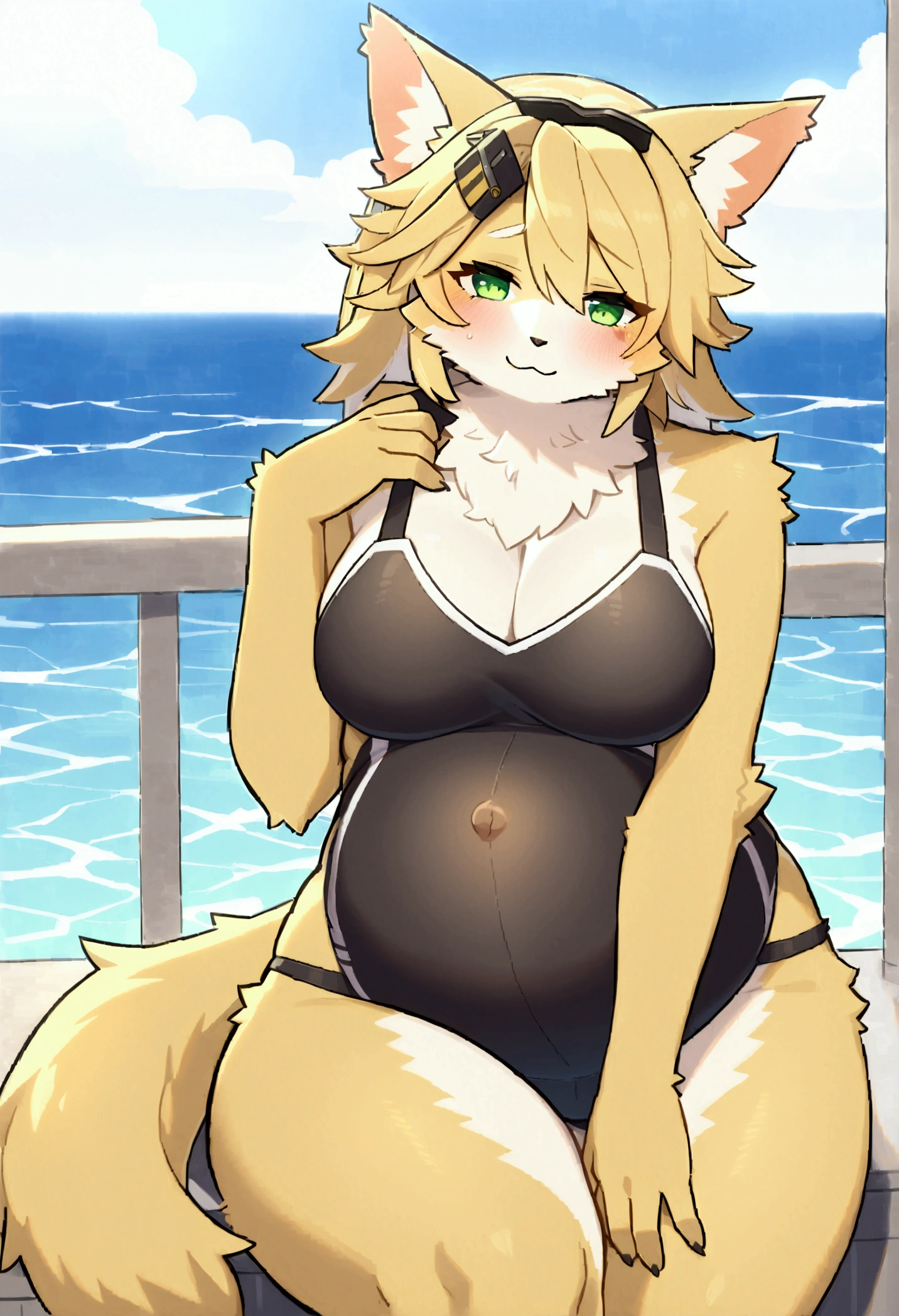 top quality, best quality, Yamame513, High-quality illustrations, masterpiece, uploaded on furaffinity), (kemono, furry anthro), very beautiful and detailed body face and eyes, round, 1 female, cat, Pulchra, (Zenless Zone Zero), slightly chubby, mature face, furs, fluffy, tail, hair, huge breasts, big thighs, wearing a mask, perfect eyes, green eyes, beautiful one-piece swimsuit, ocean, in water, body movement, body twitching, beautiful pregnant, red blushing, shy, looking behind