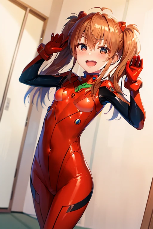 (( top quality)), ((masterpiece)), (be familiar with),  perfect face, indoor, bedroom,  watching viewers ,
One woman,  Soryu Asuka Langley,
 open mouth,  with an ecstatic expression , blush, smile,
 small tits,  flat chested, Young girl, Lori,  s,  girl,
 long hair,  twin tails,
Leg spread,