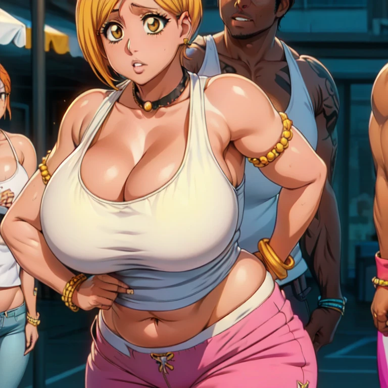 Orihime Inoue,Bleach artstyle,Big breast,Enchanted big breast,Thick lips,((((tanktop and thin lowrise pink pants)))),Cleavage,Curvy figure,Plump,Hoopa bracelet,Long nail,Side burn visible,look at viewer,(((bright yellow blond color hair))),((head facing front)),High quality,Highres,Humongous big breast,visible ear,Big cleavage,light blush,((blue Stud earring)),((A lot of piercing)),((black Chocker)),Hyper Detail,((dark colored Skin)),((tanned Gyaru)),Crossing arm,Messy hair,Detailed lips,Colorless lips,unbuttoned plain white shirt,cleavage,mono color hair,((short hair)),((Solo)),((1girl)),light blush,(((slicked back hair))),flirty,Enchanted big breast,((Side swept hair)),ease eyebrow,Detailed eyes,Swaying hips,no sweatcalm expression,bored expression,Ease up eyebrow,Flirty attitude,Acting cute,hand in hip,symetrical bang hair,Body facing front,Gaze on front,((blunt Hime cut bang hair)),head to waist view