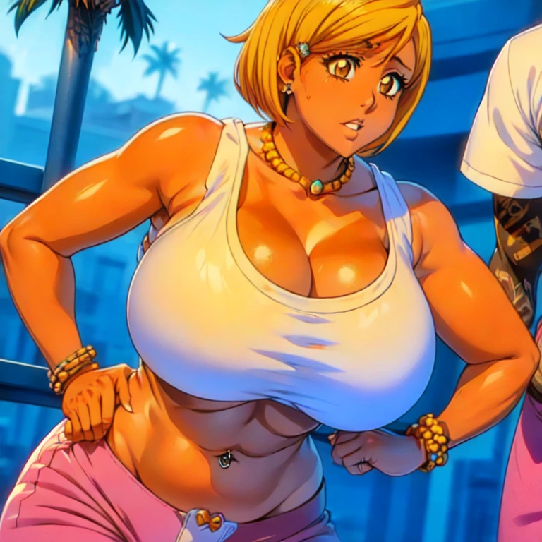 Orihime Inoue,Bleach artstyle,Big breast,Enchanted big breast,Thick lips,((((tanktop and thin lowrise pink pants)))),Cleavage,Curvy figure,Plump,Hoopa bracelet,Long nail,Side burn visible,look at viewer,(((bright yellow blond color hair))),((head facing front)),High quality,Highres,Humongous big breast,visible ear,Big cleavage,light blush,((blue Stud earring)),((A lot of piercing)),((black Chocker)),Hyper Detail,((dark colored Skin)),((tanned Gyaru)),Crossing arm,Messy hair,Detailed lips,Colorless lips,unbuttoned plain white shirt,cleavage,mono color hair,((short hair)),((Solo)),((1girl)),light blush,(((slicked back hair))),flirty,Enchanted big breast,((Side swept hair)),ease eyebrow,Detailed eyes,Swaying hips,no sweatcalm expression,bored expression,Ease up eyebrow,Flirty attitude,Acting cute,hand in hip,symetrical bang hair,Body facing front,Gaze on front,((blunt Hime cut bang hair)),head to waist view