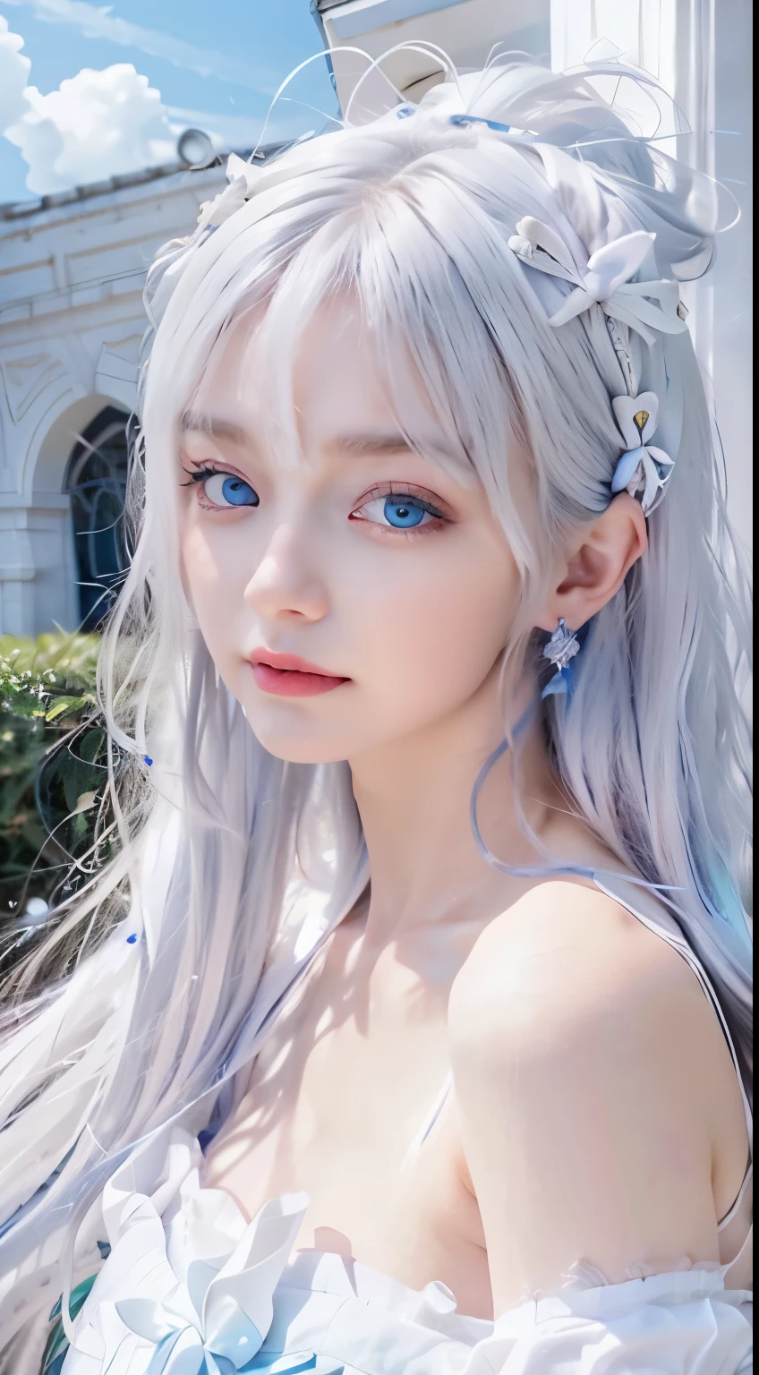 With white hair and blue eyes、Transcendent Beautiful Girl、It's like a fantastic existence。Its white hair swayed in the wind、Blue eyes shine like a clear sky。Her skin is pure white、Detailed features beautifully color your facial features.。Her beauty is、Looks great against any background、Its presence will fascinate everyone.。