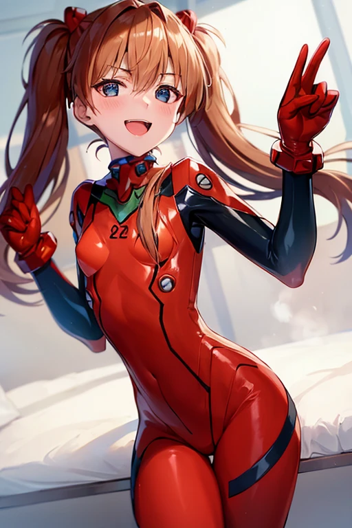 (( top quality)), ((masterpiece)), (be familiar with),  perfect face, indoor, bedroom,  watching viewers ,
One woman,  Soryu Asuka Langley,
 open mouth,  with an ecstatic expression , blush, smile,
 small tits,  flat chested, Young girl, Lori,  s,  girl,
 long hair,  twin tails,
Leg spread,