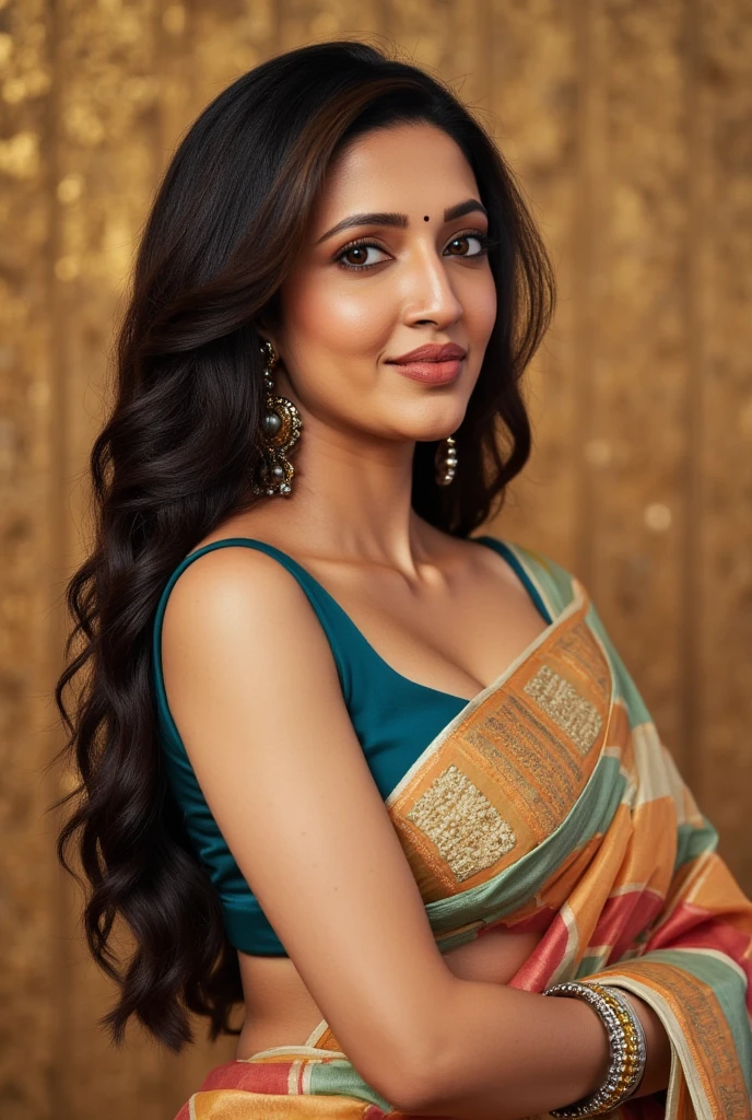 A woman with long dark hair wearing a colorful saree, leaning forward with her hands on her large breasts, downblouse creating a deep cleavage, extremely detailed face, beautiful detailed eyes, beautiful detailed lips, extremely detailed skin texture, intricate saree patterns, masterfully volumetric and tactile rendering, cinematic dramatic lighting, rich color palette, hyper-realistic, 8k, photorealistic, award-winning digital art