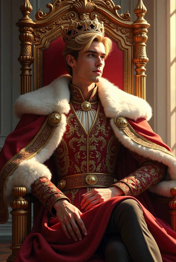 27 year old blonde young man in royal suit sitting on a royal throne ...