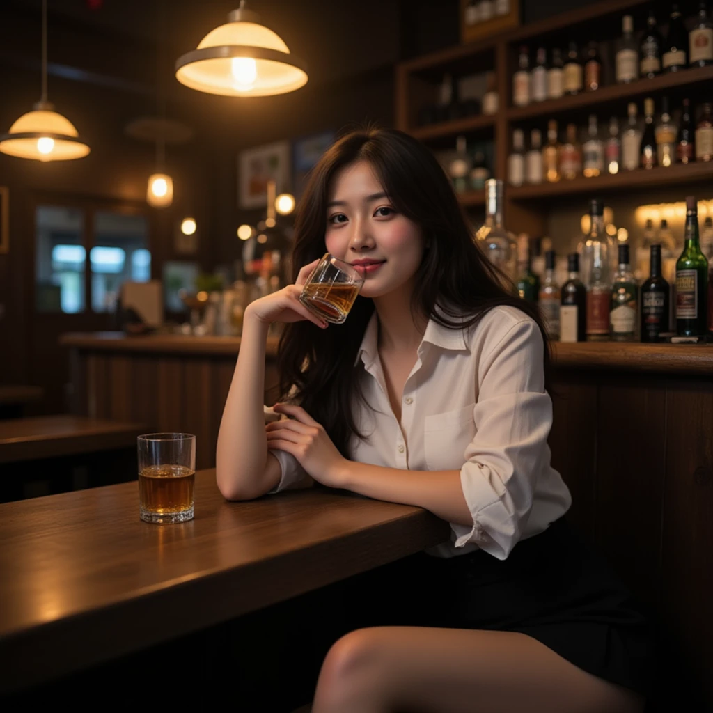 A highly realistic image of a korean girl with long hair wearing white shirt and black miniskirt sitting in a dark bar drinking whiskey,  In an empty and dimly lit whiskey bar in korea. she slumps over a worn wooden counter, her hand loosely grips a glass of whiskey and smile. 