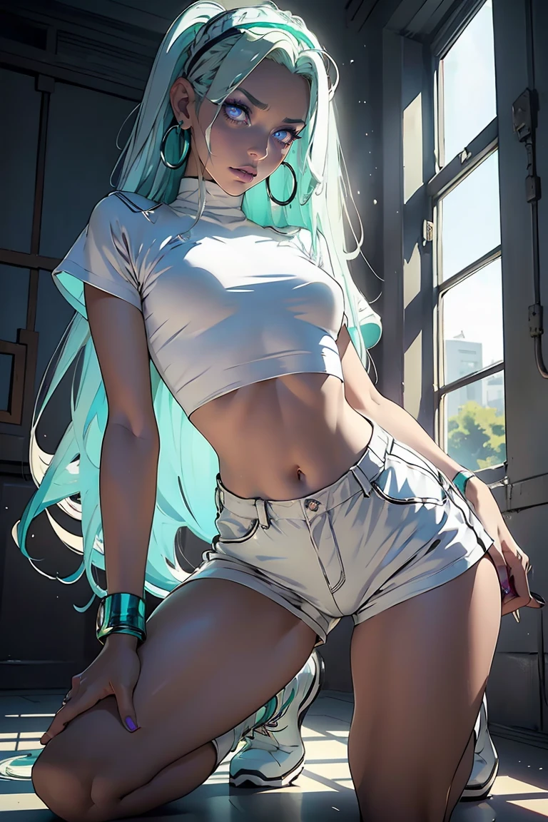 Goddess ((goddess-like woman)), slim, elegant silhouette, masterpiece, best quality, pale skin, fair skin, sweet face, (masterpiece: 1.2, best quality), (real picture, intricate details), (1 lady, solo, medium , small waist, ), ((Jinx/LOL)), beautiful face, kissable lips, very long mint green hair, hair slicked back, (very long mint green hair), mint green hair,Purple eyes, purple glowing eyes, glowing eyes, crazy eyes, she has an impressive presence., bracelet, hoop earring, beautiful face, perfect makeup, Beautiful Eyes, big eyes, she looks at the viewer, Beautiful Eyes, big eyes she looks at the viewer, she Wears a silver shorts and white Crop Top, m3shm1cr0, short sleeves, midriff, Boots silver shorts, headband, hairband, boots, background: big hall, She stands in front of a large window, big windows, city view.