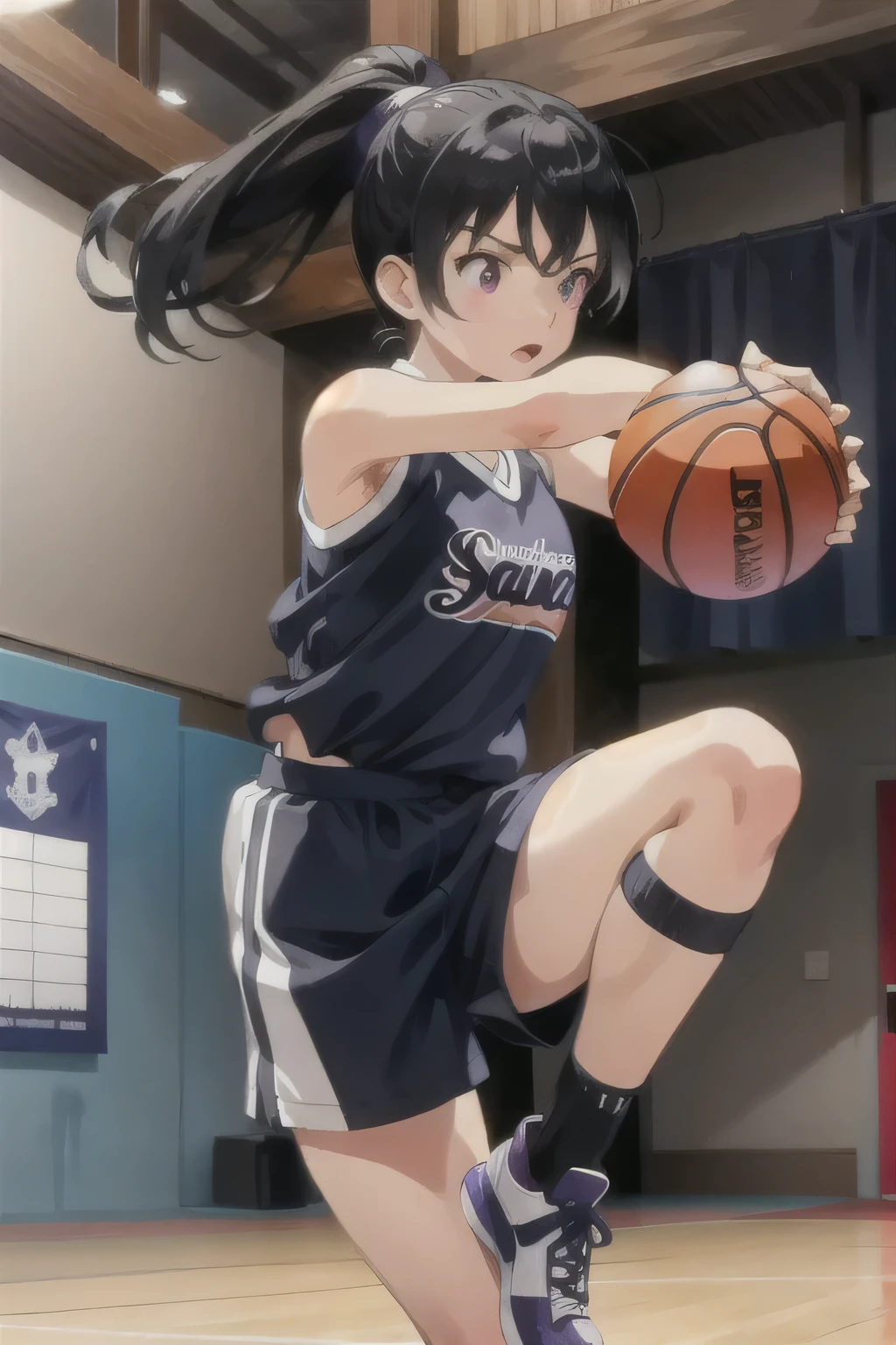 A young female basketball player performing a vivid jump shot. She holds the ball firmly in both hands, aiming for the goal with perfect form. Her slim basketball uniform accentuates her toned body, and black high socks add a stylish contrast. Her carefully braided black hair sways gently as she jumps, with purple eyes expressing intense concentration. The polished wooden floor of the brightly lit gymnasium enhances the atmosphere, capturing the strength, elegance, and beauty of the sport. Masterpiece , top quality