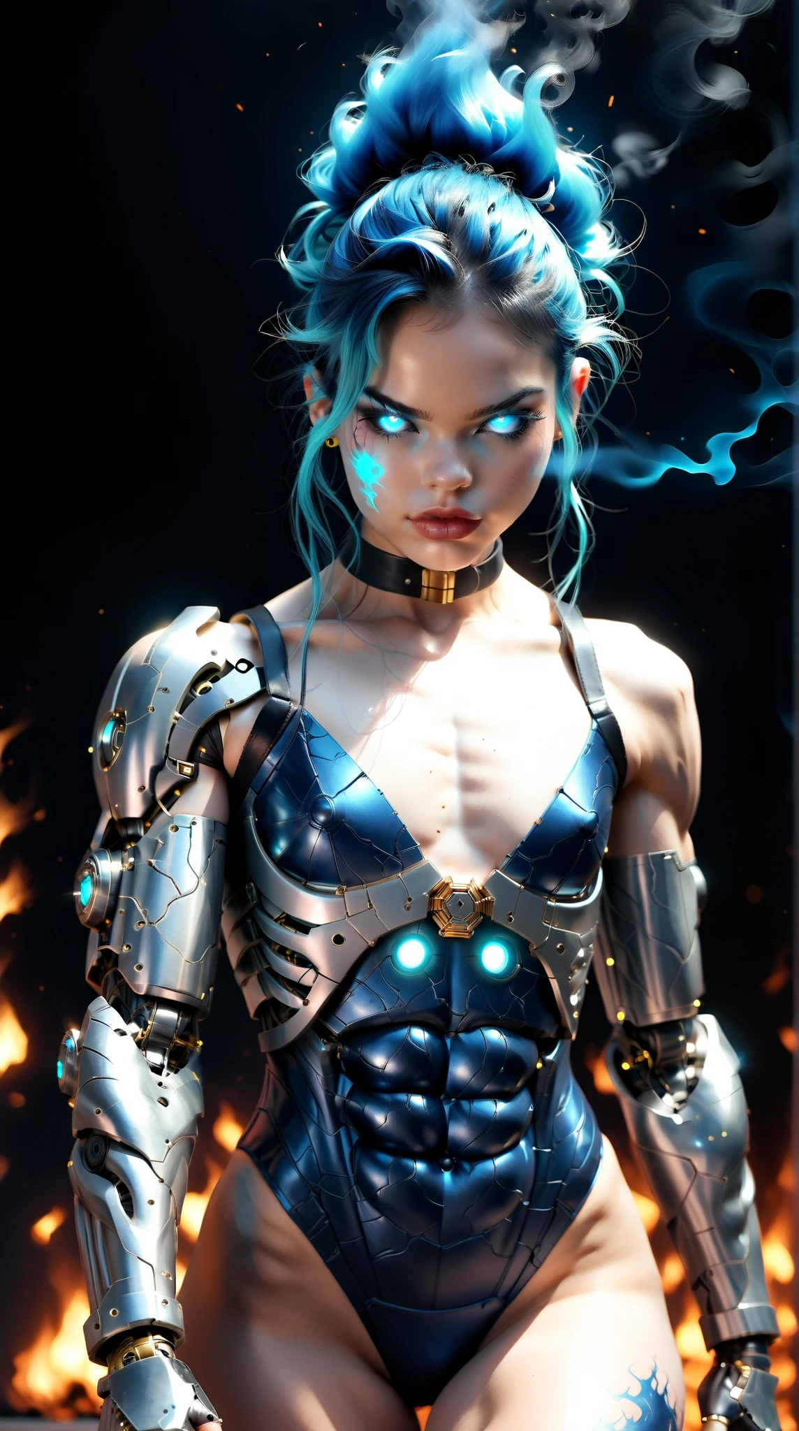 score_9, score_8_up, score_7_up, (full body shot), (1 girl), (asian), beautiful teenage (skinny) muscular goth cyborg girl, (blue burning cyborg body:1.5), (black sclera:1.5), (blue glowing eyes:1.5), (blue glowing fire veins:1.5), (flat chest:1.25), (blue glowing fire hair:1.25), (beautiful face:1.25), (bodybuilder muscular physique:1.25), (skinny long legs:0.75), (intricate gold filigree:1.25), bimbo lips, blue fire, (blue burning cyborg arms:1.25), (blue burning cyborg legs:1.25), (blue burning cyborg torso:1.25), neon lights, gothic neon style, cyber punk style, super realistic image, beautiful digital paint , hyper Realistic illustrations, DonMC3l3st14l3xpl0r3rsXL, CyberRealistic_Negative_PONY-neg,CyberRealistic_Negative_PONY