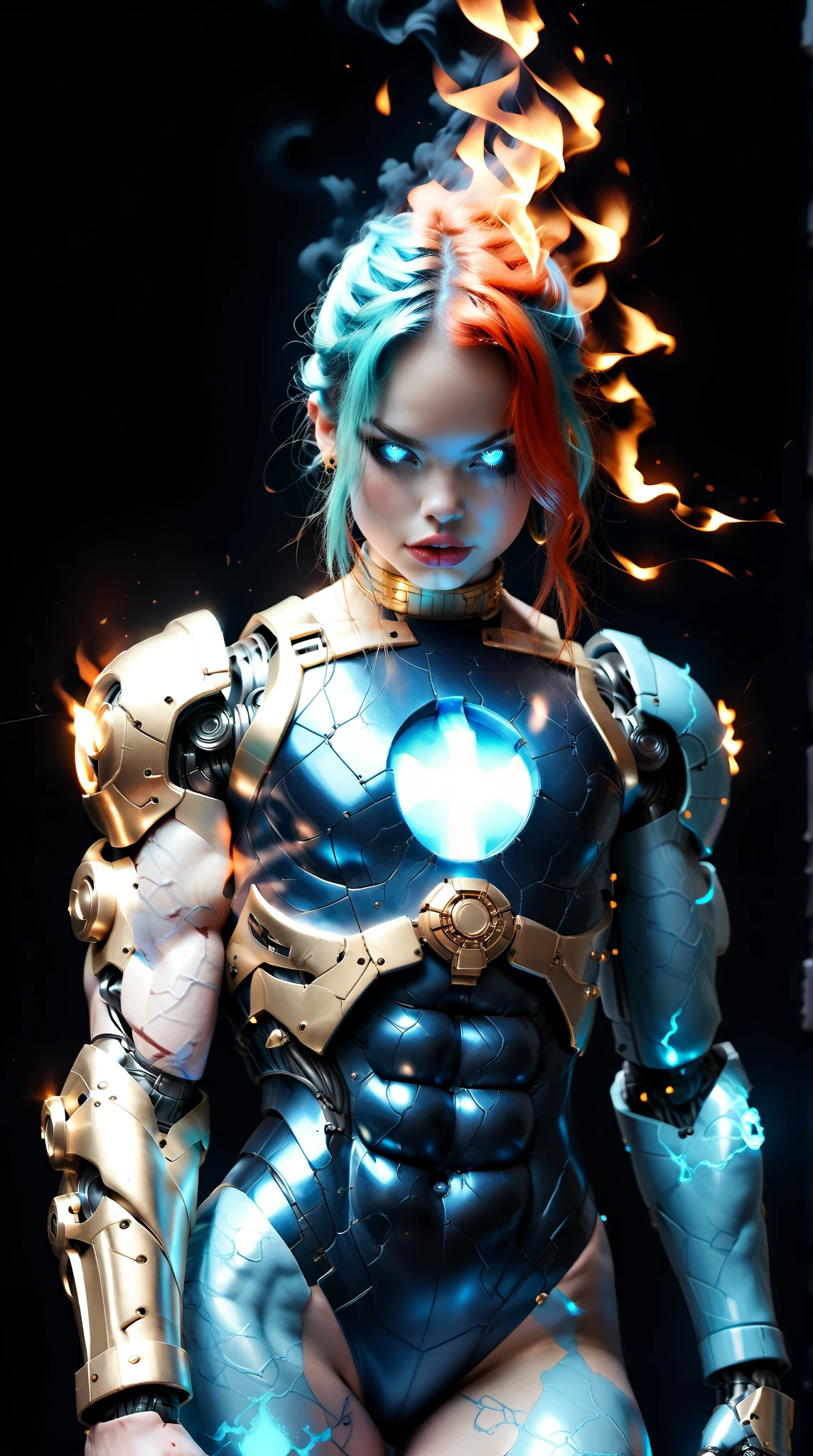 score_9, score_8_up, score_7_up, (full body shot), (1 girl), (asian), beautiful teenage (skinny) muscular goth cyborg girl, (blue burning cyborg body:1.5), (black sclera:1.5), (blue glowing eyes:1.5), (blue glowing fire veins:1.5), (flat chest:1.25), (blue glowing fire hair:1.25), (beautiful face:1.25), (bodybuilder muscular physique:1.25), (skinny long legs:0.75), (intricate gold filigree:1.25), bimbo lips, blue fire, (blue burning cyborg arms:1.25), (blue burning cyborg legs:1.25), (blue burning cyborg torso:1.25), neon lights, gothic neon style, cyber punk style, super realistic image, beautiful digital paint , hyper Realistic illustrations, DonMC3l3st14l3xpl0r3rsXL, CyberRealistic_Negative_PONY-neg,CyberRealistic_Negative_PONY