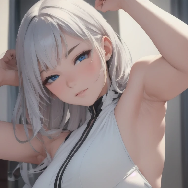 anime illustration,high quality ,A woman wearing a large white tank top, ((gray hair, ponytail,)),Upper body angle, Beautiful sight