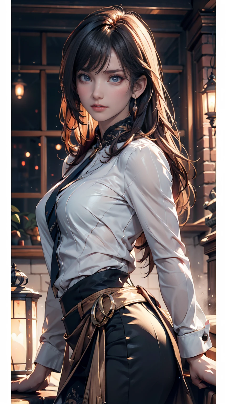 masterpiece, best quality, official art, 8k wallpaper, highly detailed, illustration, 1 girl, (Fatal frame), Haunted house, Holding old camera, Night, green hue, exposed back, wearing urban_gal, Pencil Skirt, White Shoulder-less Blouse, Rei Kurosawa