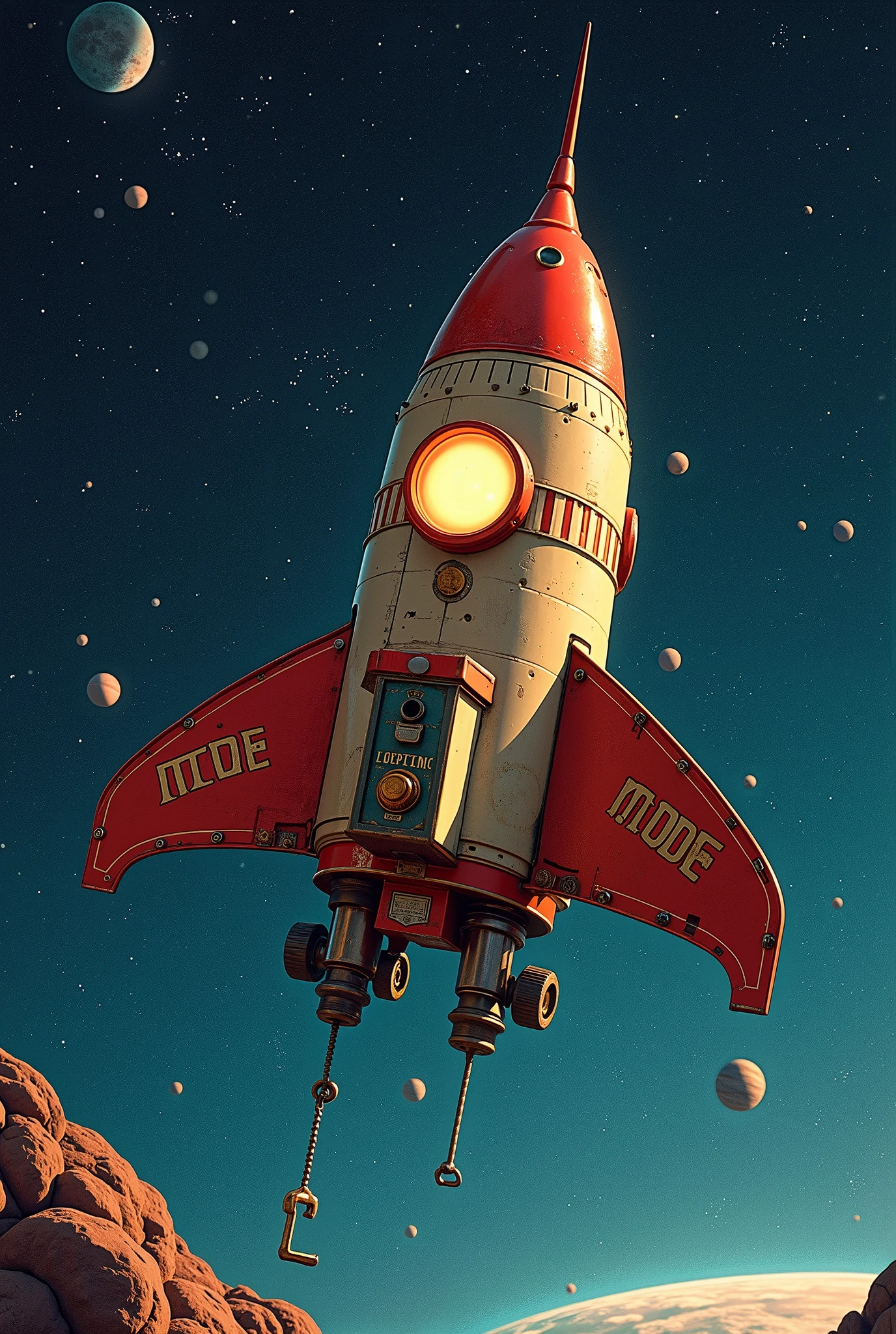 Akira Toriyama style of painting, manga, Japanese anime, A toy space station like the one from Dr. Slump Arare-chan, (tin toy space station:1.3), (wind-up toy space station,mainspring key is attached:1.7), (floating in space:1.4), an old and rusty space station, a space station that emits a strange light, a planet that emits a complex light, a nebula that emits a complex light that can be seen in the distance,