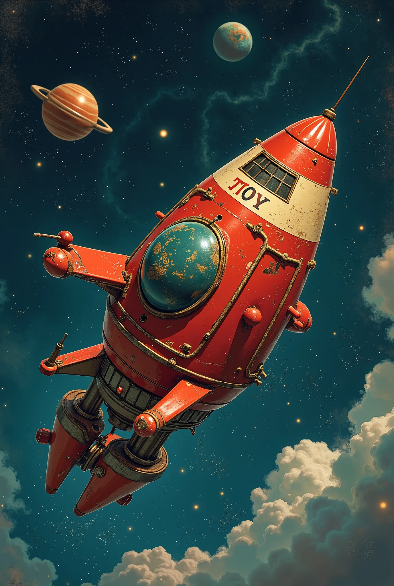 Akira Toriyama style of painting, manga, Japanese anime, A toy space station like the one from Dr. Slump Arare-chan, (tin toy space station:1.3), (wind-up toy space station,mainspring key is attached:1.7), (floating in space:1.4), an old and rusty space station, a space station that emits a strange light, a planet that emits a complex light, a nebula that emits a complex light that can be seen in the distance,