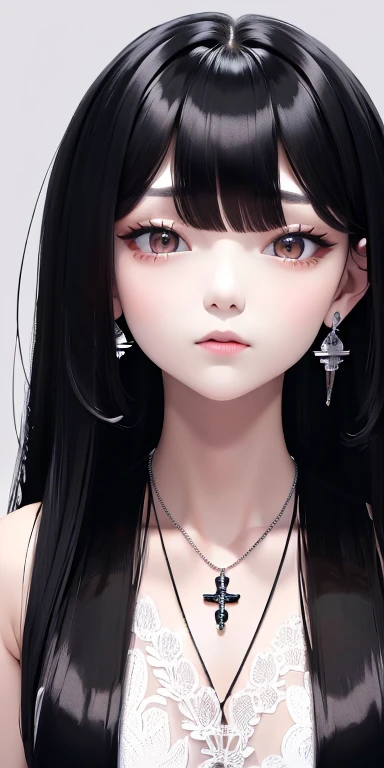 Top quality masterpiece illustrations、Black hair and black eyes、Wearing multiple necklaces、Wearing earrings、Little girl in black and white fancy dress looking up、Cute and elegant face with long hair on the upper body, the angle is fair when looking up、More hair details、