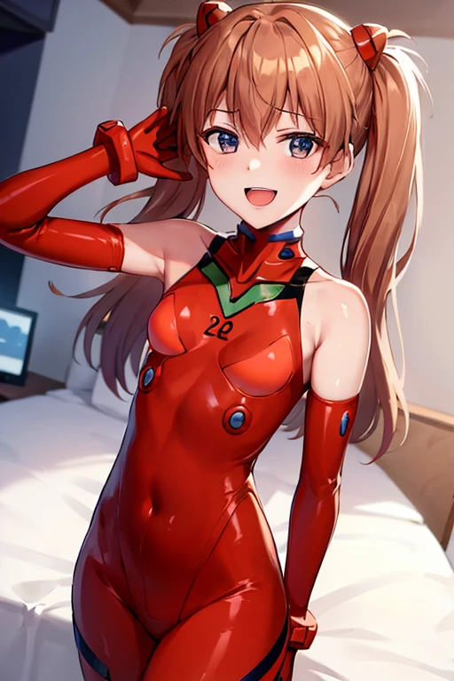 (( top quality)), ((masterpiece)), (be familiar with),  perfect face, indoor, bedroom,  watching viewers ,
One woman,  Soryu Asuka Langley,
 open mouth,  with an ecstatic expression , blush, smile,
 small tits,  flat chested, Young girl, Lori,  s,  girl,
 long hair,  twin tails,
Leg spread,