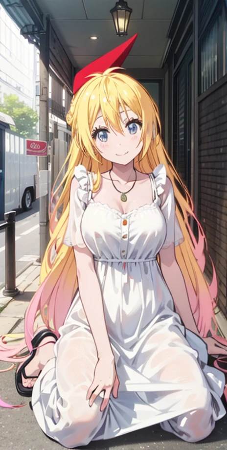 ,chitoge kirisaki smile, waring a white spotted dress, necklace, 